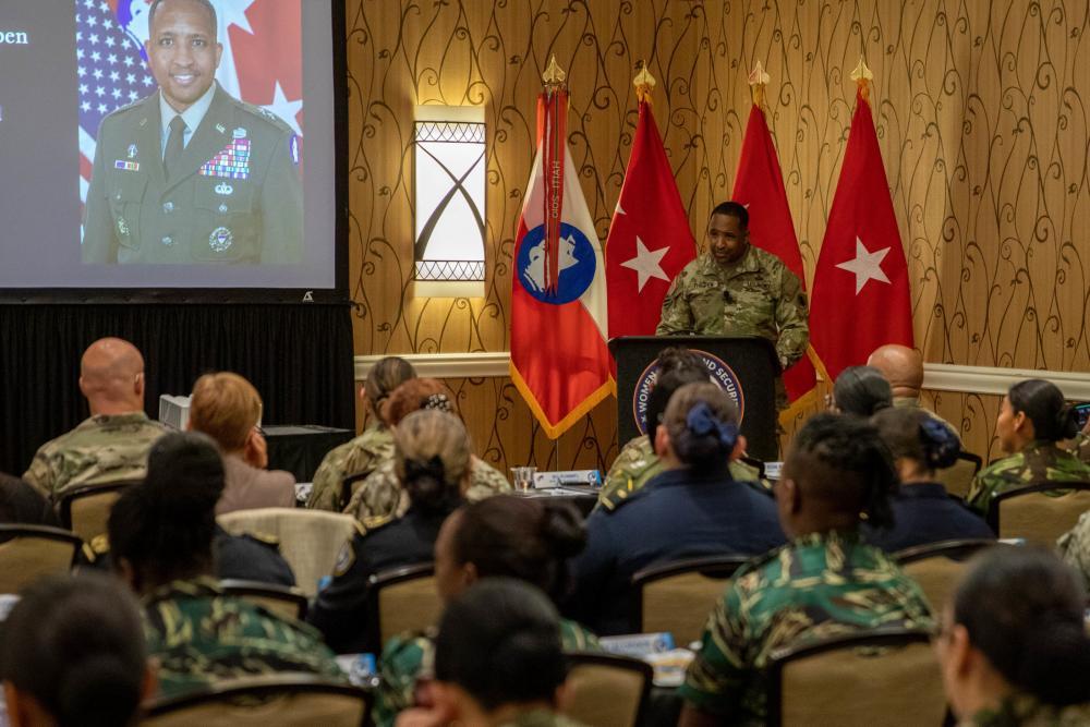 Major General William L. Thigpen, commanding general of U.S. Army South, provides closing remarks for the inaugural Army South’s WPS Symposium at San Antonio, Texas, February 23, 2023. (Photo: U.S. Army Sergeant First Class Alan Brutus)