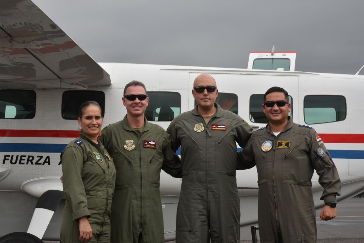 From left: Paraguayan Air Force Captain Maria Jara, U.S. Air Force Lieutenant Colonel Christopher Shea, U.S. Air Force Lieutenant Colonel Christopher McClintock, and Paraguayan Air Force Captain Eduardo González. The ASAv training allow to engage in future partner nation mobility operations and interoperability.  (Photo: U.S. Air Force Technical Sergeant Gerame Vaden)