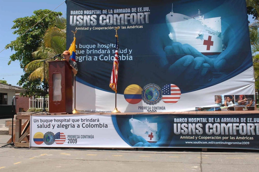 Continuing Promise 2009: William Bromfield, U.S. Ambassador to Colombia, speaks at the opening ceremony to celebrate the start of the hospital ship USNS Comfort mission during Continuing Promise 2009 in Tumaco, Colombia, June 7, 2009. From April to July 2009, USNS Comfort provides medical care and civic assistance missions in Haiti, the Dominican Republic, Antigua and Barbuda, Panama, Colombia, El Salvador, and Nicaragua. During the mission, shipboard medical personnel treated more than 100,000 people. (Photo: U.S. Air Force Senior Airman Jessica Snow)