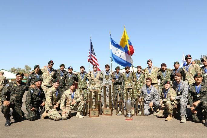 Teams Honduras, Colombia, and United States celebrate their victory during Fuerzas Comando 2017, in which 500 Special Forces commandos from 20 Western Hemisphere nations spent 10 days forging relationships, sharing tactics, and participating in a friendly competition. (Photo: U.S. Army Sgt. Joanna Bradshaw)