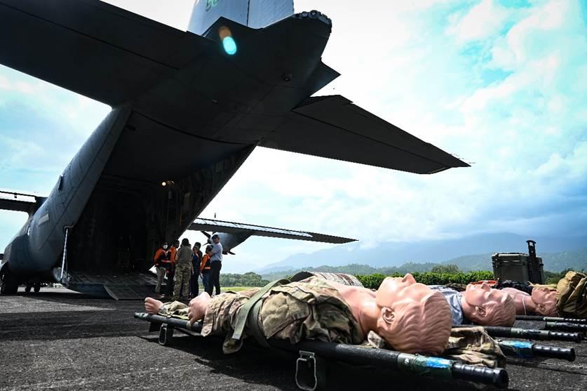 Medical training aids are laid on the ground prior to an aeromedical evacuation training in support of Resolute Sentinel 22 in Ceiba, Honduras, June 11, 2022. Resolute Sentinel 22 is a multinational training opportunity that offers real-world benefits to U.S. and partner nation military personnel and the people of Belize, Guatemala, Honduras, and El Salvador by promoting well-being and readiness in addition to building long-term partnerships. (Photo: U.S. Air Force Technical Sergeant Michael Cossaboom)