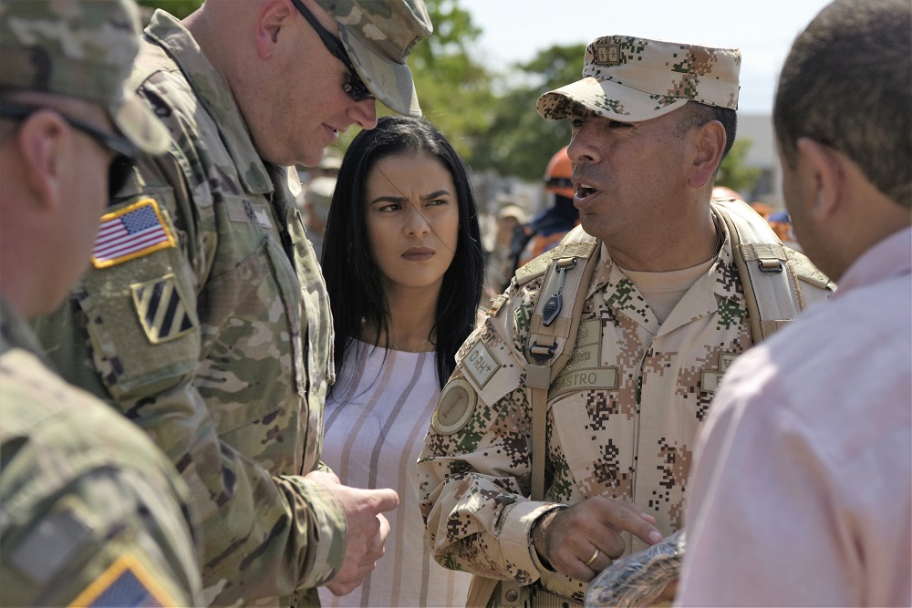 Colombian Army Colonel Carlos Castro Pinzón, Combined Arms Task Force commander (R), and U.S. Army Colonel Steven Barry, Joint Task Force Bravo commander, discuss exercise operations at the opening ceremony for Exercise Vita at Buenavista Air Base, Colombia, March 9, 2020. The ceremony formally marked the start of the exercise, which brings U.S. and Colombian forces together to perform humanitarian and civic-action operations. (Photo: U.S. Air Force Technical Sergeant Daniel Owen)