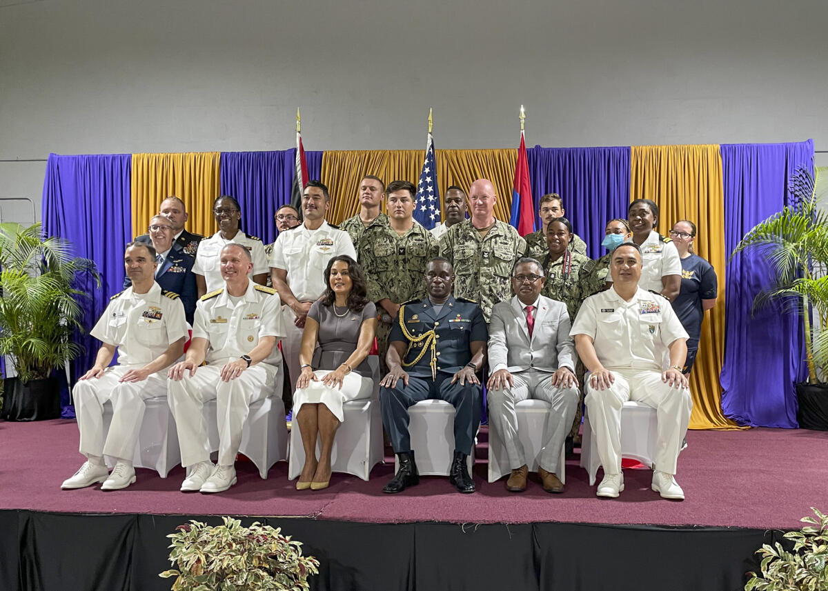 U.S. Ambassador to Trinidad and Tobago Candace Bond poses with U.S. Navy Rear Admiral James Aiken, commander of U.S. Naval Forces Southern Command, and members of the Continuing Promise 2023 team during a tour of the medical sites. (Photo: U.S. Navy Chief Mass Communication Specialist Stacy M. Atkinsricks)