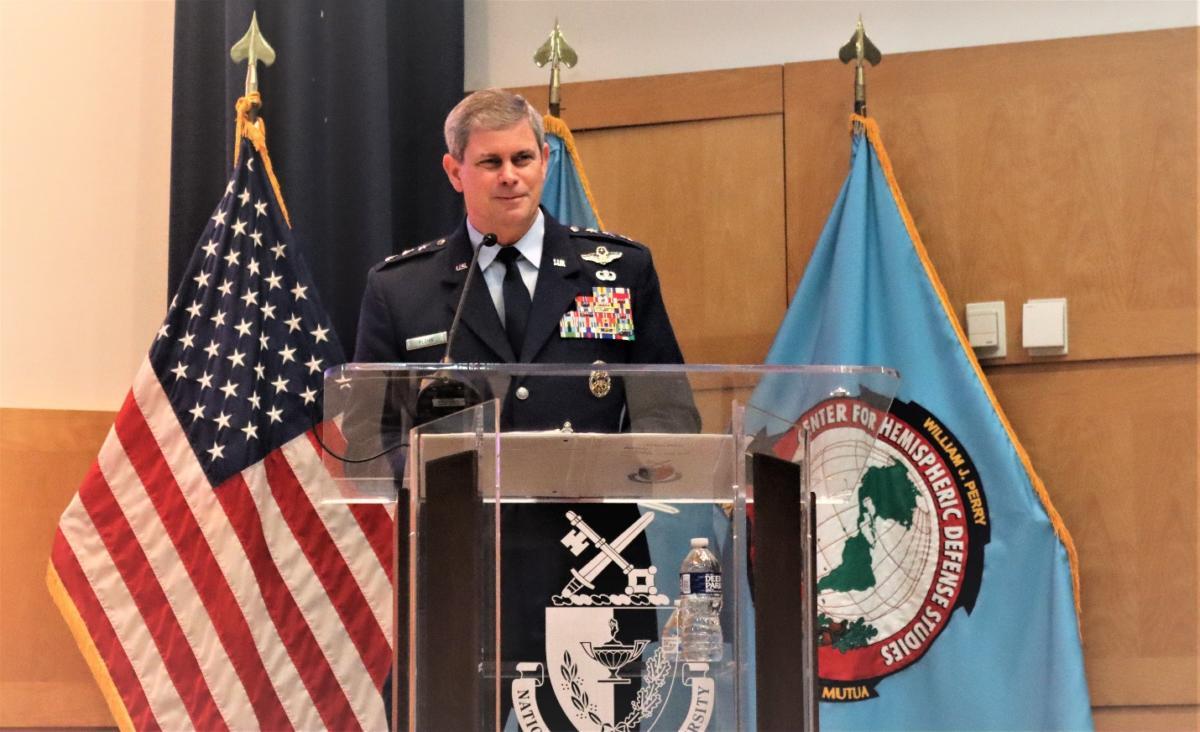 U.S. Air Force Lieutenant General Michael T. Plehn, the 17th president of the National Defense University, which hosts the William J. Perry Center at Fort McNair, spoke during a graduating ceremony on May 27, 2022. (Photo: Marcos Ommati/Diálogo)