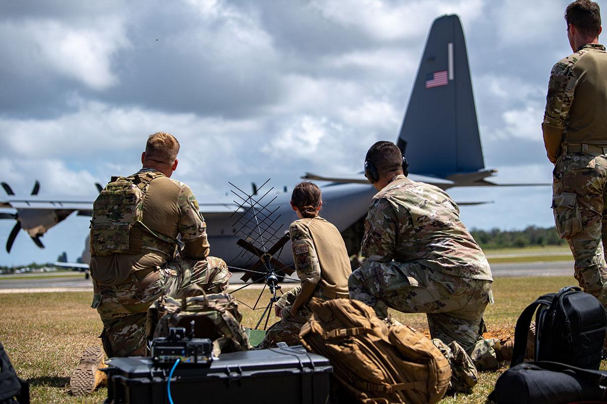 U.S. Air Force communications airmen assigned to the 23rd Air Expeditionary Wing set up radio equipment during contingency location operations at the Rafael Hernández International Airport, Puerto Rico, February 25, 2023. These forces were supporting Forward Tiger, a U.S. Air Forces Southern/12th Air Force (AFSOUTH) exercise carried out with Dominican, Jamaican, and Canadian forces in Puerto Rico, Dominican Republic, and Jamaica, February 13-March 3, and containing training opportunities involving personnel recovery, maritime and air force integration, and disaster response. (Photo: U.S. Air Force Airman First Class Courtney Sebastianelli)
