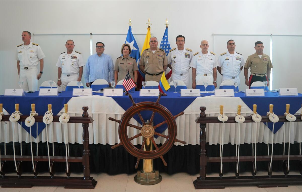 Senior leaders from Colombia, Chile, and the United States stand to render honors at the closing ceremony of UNITAS LXIV, at Club Naval in Cartagena, Colombia, July 21, 2023. UNITAS, which is Latin for “unity,” is the world’s longest-running annual multinational maritime exercise (Photo: U.S. Marine Corps Major Jeremy Wheeler)