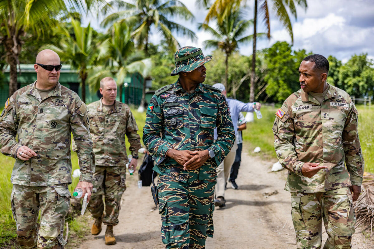 U.S. Southern Command (SOUTHCOM) and U.S. Army South senior leaders conduct a battlefield circulation during Tradewinds 2023 at Colonel Robert Mitchell Jungle and Amphibious Training School in Guyana, July 16, 2023. Tradewinds is a SOUTHCOM-sponsored exercise designed to strengthen partnerships and interoperability, promote human rights, as well as increase participants’ training capacity and capability to mitigate, plan for, and respond to crises and security threats. (Photo: U.S. Army Specialist Joshua Taeckens)