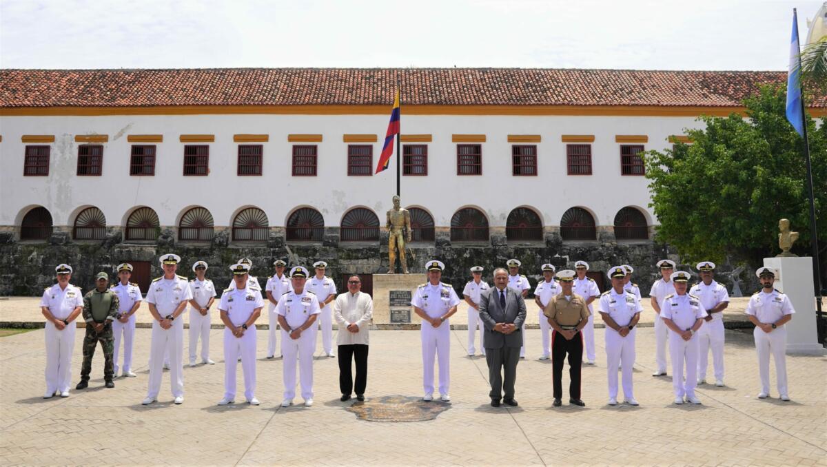 Senior leaders from 20 partner nations pose for a photo with U.S. Secretary of the Navy Carlos Del Toro, at the Colombian Naval Museum, Cartagena, Colombia, on the official opening day of exercise UNITAS LXIV, July 12, 2023. UNITAS. (Photo: U.S. Marine Corps Major Jeremy Wheeler)