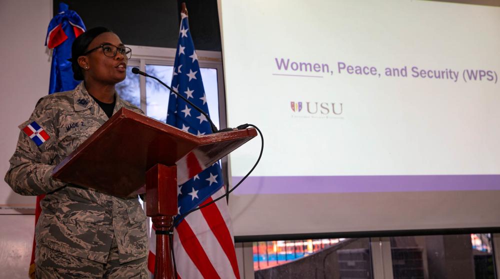 Dominican Air Force Lieutenant Colonel Dominga Made Zabala, a lawyer, delivers remarks during a Women, Peace, and Security roundtable at the Naval Base in Santo Domingo, Dominican Republic, in support of Continuing Promise 2022, November 28, 2022. (Photo: U.S. Navy Mass Communication Specialist Second Class Juel Foster)
