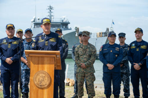 Admiral Francisco Hernando Cubides, commander of the Colombian Navy, speaks at a press conference during Multinational Operation Solidarex 2023 at the Marines Training School in Coveñas, Colombia, July 9, 2023. Twelve ships from eight countries participated in the humanitarian assistance exercise designed to train a multinational task force to respond to large-scale emergencies. This was the largest exercise of this kind in the Caribbean. (Photo: U.S. Marine Corps Sergeant Juan Carpanzano)