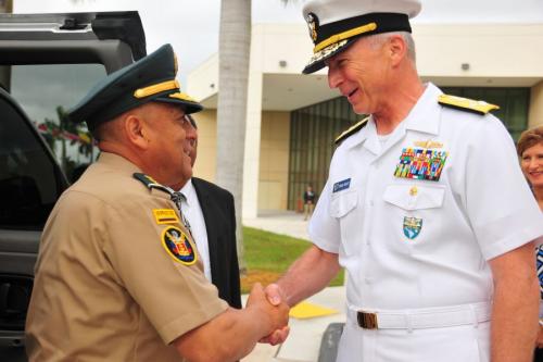 U.S. Navy Admiral Craig S. Faller, commander of U.S. Southern Command (SOUTHCOM), welcomes Colombian Army Major General Luis Navarro Jiménez, commander of Colombia's Military Forces, to SOUTHCOM headquarters. The two leaders met at SOUTHCOM to discuss U.S.-Colombia defense cooperation. (Photos by Juan Chiari, U.S. Army Garrison-Miami)