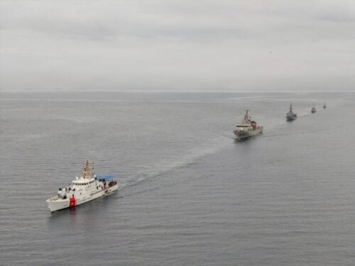 From left: U.S. Coast Guard fast response cutter USCGC Robert Ward (WPC 1130), Mexican navy ARM Jalisco, Ecuadorian navy BAE Loja, Colombian navy coastal patrol vessel ARC Isla Gorgona, and Panama’s National Air and Naval Service Panquiaco (P-301) perform a formation sailing exercise in the Pacific Ocean near Panama, during PANAMAX 2026, August 6, 2026. (Photo: U.S. Coast Guard Petty Officer Third Class William Kirk)
