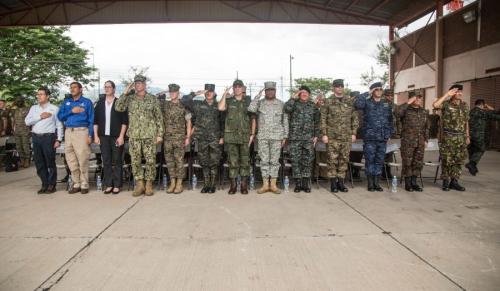U.S. marines, sailors and partner nations’ military officers with Special Purpose Marine Air-Ground Task Force – Southern Command (SPMAGTF-SC), along with partner nations’ service members from Brazil, Colombia, Peru, Honduras, Guatemala, Belize, and the Dominican Republic kick off the task force’s deployment, June 21, 2019, with an opening ceremony at Soto Cano Air Base, Honduras. (Photo: U.S. Marine Corps)
