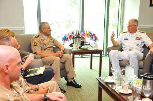 U.S. Navy Admiral Craig S. Faller, commander SOUTHCOM, and Colombian Army Major General Luis Navarro Jiménez, commander of Colombia's Military Forces, talk at SOUTHCOM headquarters.
