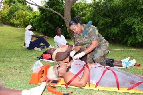 A soldier from the Jamaican Defence Force tends to the mock injured after they are rescued from Harrison’s Cave, St. Thomas, on June 9th, during Exercise Tradewinds 2017. The annual, SOUTHCOM-sponsored, combined regional exercise took place in two phases, held in Barbados and Trinidad and Tobago, respectively, between June 6th and June 17th. (Photo: 246Paps Photography)