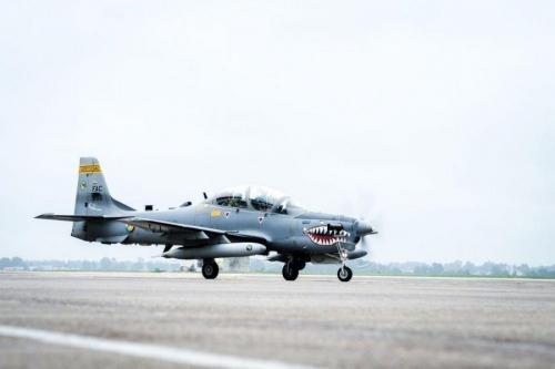 A Colombian Air Force A-29B Super Tucano taxis during Exercise Green Flag East at Barksdale Air Force Base, La., on August 17th, 2016. Four Colombian A-29B Super Tucanos were allotted for the exercise which provides simulated ground support to U.S. Army forces. (U.S. Air Force photo / Senior Airman Mozer O. Da Cunha) 