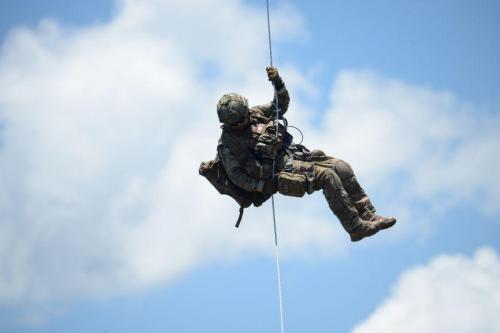 A Peruvian airman rappels from a helicopter during a search and rescue in combat simulated mission for exercise Ángel de los Andes II in Colombia, September 5th. (Photo: U.S. Air Force Technical Sergeant Angela Ruiz)