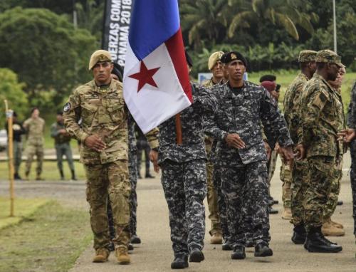 Panamanian comandos return to their place after passing the torch during the opening ceremony for Fuerzas Comando 2018. (Photo: U.S. Army Staff Sgt. Brian Ragin)