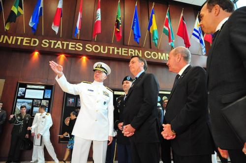 Brazilian President Jair Bolsonaro talks with U.S. Navy Admiral Craig S. Faller, SOUTHCOM commander, during a visit to SOUTHCOM’s headquarters, March 8. (Photo: Juan Chiari/SOUTHCOM)