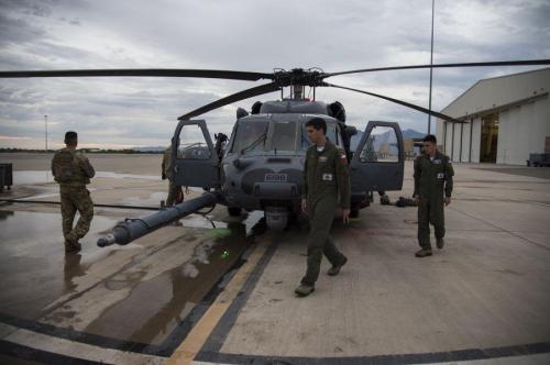 Chilean Air Force Major Javier Del Rio and Lieutenant Erwin Caro, walk around a U.S. Air Force HH-60G Pave Hawk prior to a flight during a H-60 Subject Matter Exchange at Davis-Monthan Air Force Base, Arizona, August 6, 2019. (Photo: U.S. Air Force Technician Sergeant Angela Ruiz)